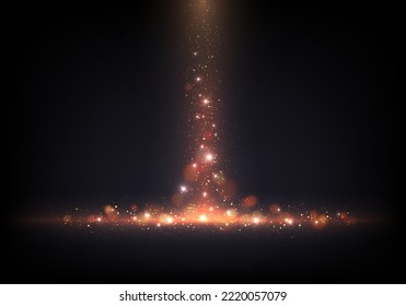 Abstract golden lighting effect sparkling with bokeh and gold glitter particles on black background. You can use for festive, carnival, christmas, award event, etc. Vector illustration