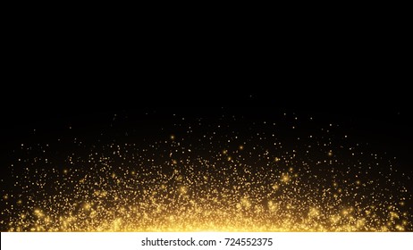 Abstract golden lights with backlight. Flying magical golden dust and glare. Festive Christmas background. Golden Rain. Vector illustration