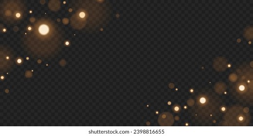 Abstract golden lights bokeh with bright glares isolated on dark transparent background. Vector illustration. EPS 10.