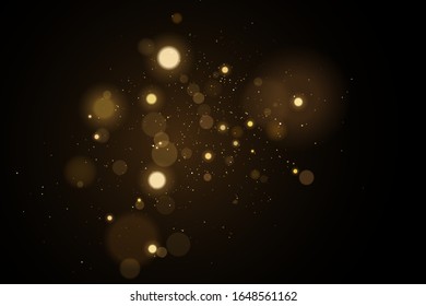 Abstract golden lights bokeh on a black background. Glares with flying glowing particles. Ligh gold effect. Vector illustration. EPS 10