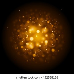 Abstract golden lights bokeh and sparkles. Isolated on a black background. Empty space for text. Detailed vector illustration.