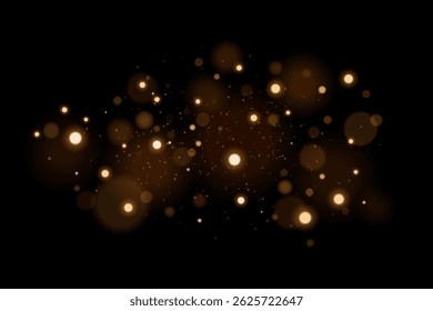 Abstrakte goldene Lichter mit fliegendem magischem Staub. Glares Bokeh einzeln auf schwarzem Hintergrund. Festlicher heller Lichteffekt mit Funken. Vektorgrafik