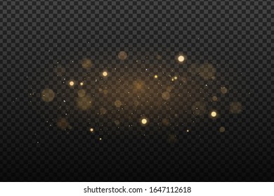 Abstract golden lights on a dark transparent background. Glares with flying glowing particles. Ligh effect. Vector illustration. EPS 10