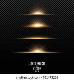 Abstract golden lights on a transparent background. Bright flashes and glare of gold color. Bright rays of light. Glowing lines. Vector illustration