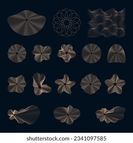 Abstract golden linear elements of different shapes, Set of wavy golden design elements on a dark background. Vector icons.