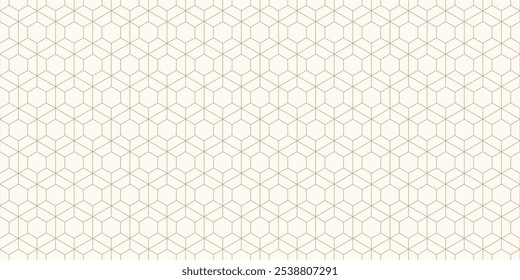Abstract golden linear geometric seamless pattern. Subtle vector texture with thin lines, hexagon grid, net, lattice, diamond shapes. Luxury white and gold minimal background. Modern repeat geo design