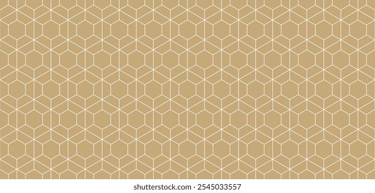 Abstract golden linear geometric seamless pattern. Subtle vector texture with thin lines, hexagon grid, net, lattice, diamond shapes. Luxury gold minimalist background. Modern outline repeated design