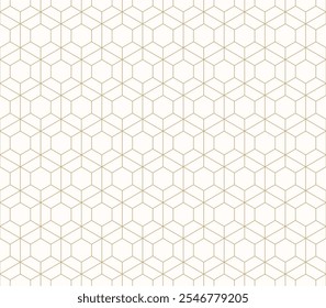 Abstract golden linear geometric seamless pattern. Subtle vector texture with thin lines, hexagon grid, net, lattice, diamond shapes. Luxury gold and white minimalist background. Repeated geo design