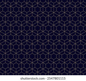 Abstrato dourado linear geométrica padrão sem emenda. Textura vetorial sutil com linhas finas, grade hexágono, rede, reticulado, formas de diamante. Ouro de luxo e fundo minimalista preto. Delinear design geográfico