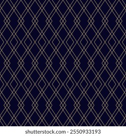 Abstract golden linear geometric seamless pattern. Gold and black minimalist vector background. Simple ornament with rhombuses, diamonds, thin lines, grid. Subtle luxury texture. Repeating geo design