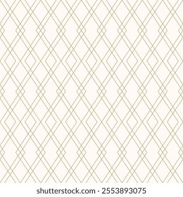 Abstract golden linear geometric seamless pattern. Gold and white minimalist vector background. Simple ornament with rhombuses, diamonds, thin lines, grid. Subtle luxury texture. Repeated geo design