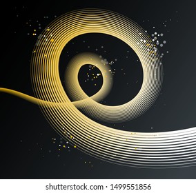 Abstract golden lines in 3D motion dimensional perspective vector background, gold elegant curvy light stripy design element, luxury theme template for ads.