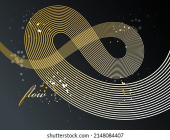 Abstract golden lines in 3D motion dimensional perspective vector background, gold elegant curvy light stripy design element, luxury theme template for ads.