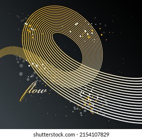 Abstract golden lines in 3D motion dimensional perspective vector background, gold elegant curvy light stripy design element, luxury theme template for ads.