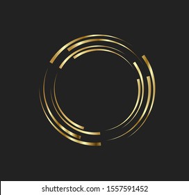 Líneas de oro abstractas en forma de círculo, elemento de diseño, forma geométrica con estilo de lujo, marco de borde a rayas para la imagen, logotipo tecnológico circular, ilustración de vectores espirales
