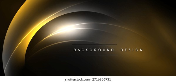 Abstractas líneas doradas crean un flujo dinámico. El fondo oscuro enfatiza las curvas brillantes, elemento de diseño moderno. El texto simple lee el diseño de fondo.