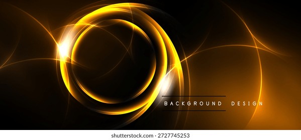 Linhas douradas abstratas formam formas circulares. Fundo escuro melhora o efeito brilhante, criando elemento de design moderno.