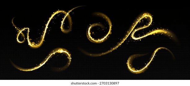 Abstract golden lines with magic shine effect isolated on transparent background. Vector realistic set of fantasy gold swirls, round and spiral waves, fairy trails with glitter particles flying in air