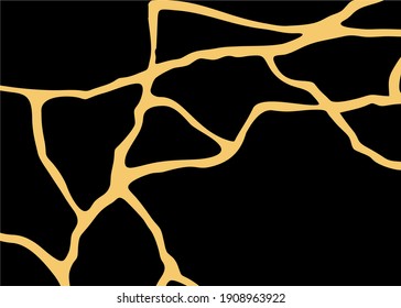 Abstract golden lines on a black marble background in Japanese kintsugi style. Modern vector pattern.