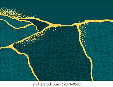 Abstract golden lines on a green stone background in the Japanese kintsugi style. Trendy vector background.
