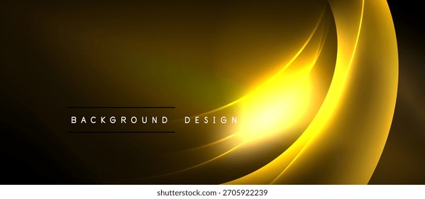 Abstract golden lines over dark background. Bright glow radiates from center, creating dynamic visual effect. Modern design element.