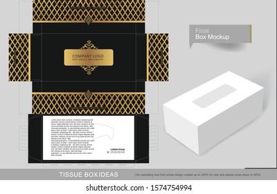 Abstract golden lines pattern on tissue box bottom part, design template for business purpose, place your text and logos and ready to go for print