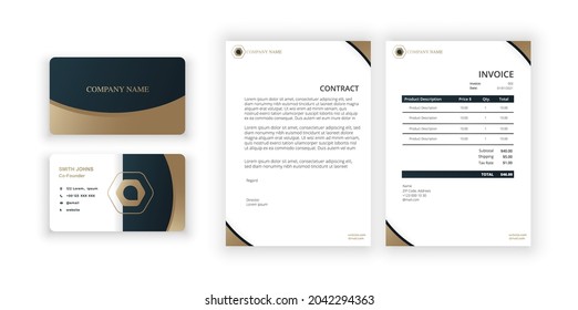 Abstract golden logo. Business card and blank. Modern minimalist template. Document design template for office, company. Gold ornament greeting card on a black background. 