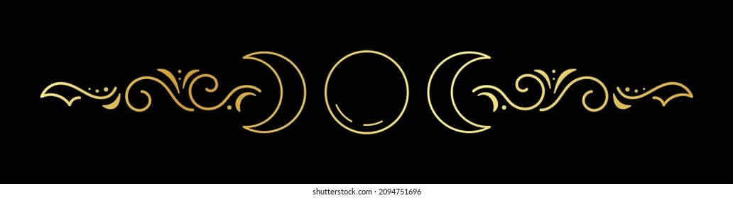 Abstract golden long ornament with moon, curls and dots on a black background