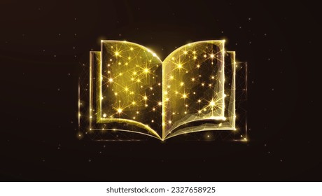 Abstract golden magic book with stars on a dark background. Magic or legend book, the best education, fantasy style, Holy Bible, online education, book festival, library concept. Literature symbol