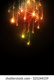 Abstract Golden Meteor Shower - Firework Falling Stars Trail - Dark Background. Flyer or Design Template for New Years Eve or Christmas Season Greetings and Invitation Cards. Colorful Glittering.