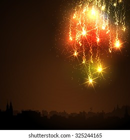 Abstract Golden Meteor Shower - Firework Falling Stars Trail with Small City Silhouette on Dark Coffee Brown Background. Colorful, Twinkling and Glittering.
New Years Eve or Christmas Season Card.