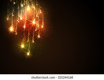 Abstract Golden Meteor Shower - Firework Falling Stars Trail - Dark Background. Flyer or Design Template for New Years Eve or Christmas Season Greetings and Invitation Cards. Twinkling and Glittering.