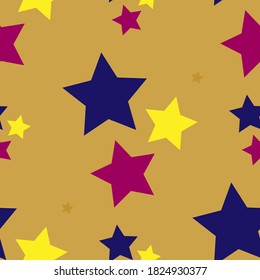 Resumen de un patrón moderno sin costuras dorado con estrellas azules, amarillas y rojas. Ilustración vectorial para embalaje, textiles, diseño web.