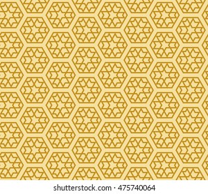 Abstract golden modern seamless pattern with random shape hexagon. Vector illustration. Beautiful background. Texture of gold color