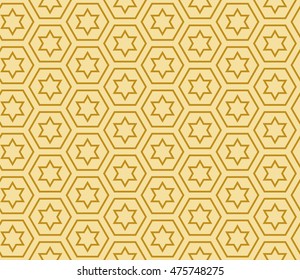 Abstract golden modern seamless pattern with random shape stars. Vector illustration. Beautiful background. Texture of gold color