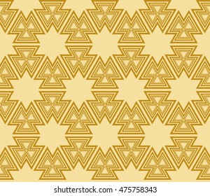 Abstract golden modern seamless pattern with random shape stars. Vector illustration. Beautiful background. Texture of gold color