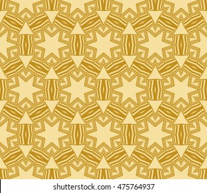Abstract golden modern seamless pattern with random shape stars. Vector illustration. Beautiful background. Texture of gold color