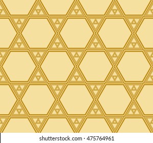 Abstract golden modern seamless pattern with random shape hexagon. Vector illustration. Beautiful background. Texture of gold color