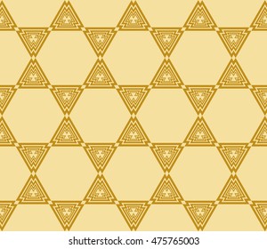 Abstract golden modern seamless pattern with random shape hexagon. Vector illustration. Beautiful background. Texture of gold color