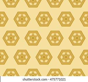 Abstract golden modern seamless pattern with random shape hexagon. Vector illustration. Beautiful background. Texture of gold color