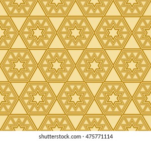 Abstract golden modern seamless pattern with random shape hexagon. Vector illustration. Beautiful background. Texture of gold color