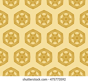Abstract golden modern seamless pattern with random shape hexagon. Vector illustration. Beautiful background. Texture of gold color
