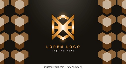 abstract golden monogram logo mockup with hexagon at the back