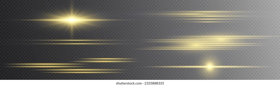 Resumen de líneas de movimiento doradas. Paquete de bengalas horizontales amarillas. Vigas de oro láser, rayos de luz horizontales. Luminoso fondo brillante abstracto. Papúa Nueva Guinea. Efecto especial de la luz de flash de línea. Vector.