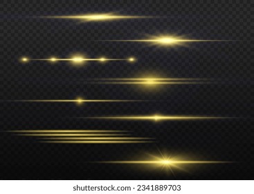 Abstract golden motion lines. Yellow horizontal lens flares pack. Laser gold beams, horizontal light rays. Luminous abstract sparkling lined background. PNG. Special line flash light effect. Vector.