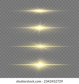 Abstract golden motion lines. Yellow horizontal lens flares pack. Laser gold beams, horizontal light rays. Luminous abstract sparkling lined background. PNG. Special line flash light effect. Vector.