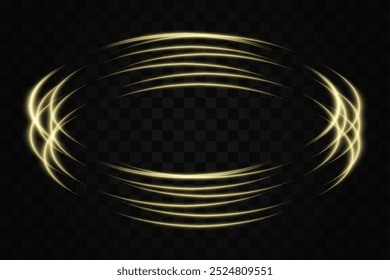 Abstract golden neon light rings arranged in a circular, overlapping pattern on a transparent background. Ideal for futuristic, tech, or sci-fi themed designs.