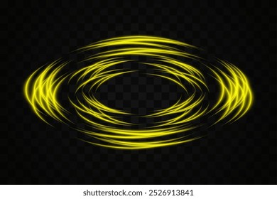 Abstract golden neon light rings arranged in a circular, overlapping pattern on a transparent background. Ideal for futuristic, tech, or sci-fi themed designs.