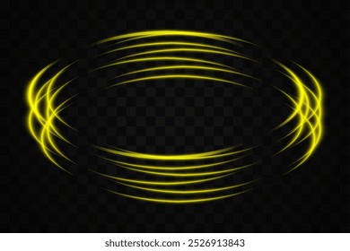 Abstract golden neon light rings arranged in a circular, overlapping pattern on a transparent background. Ideal for futuristic, tech, or sci-fi themed designs.