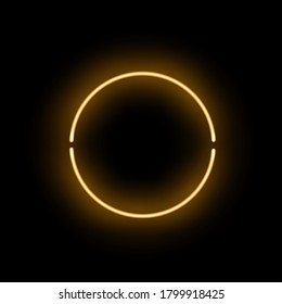 Abstract golden neon luminous ring on black background. Glowing yellow discontinuous circle with soft light effect. Vector illustration of shining round frame, template for nightclub party design